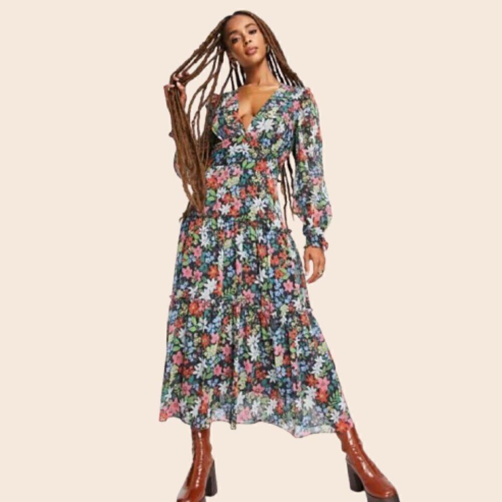 Topshop Colorful Floral V Neck Tiered Long Sleeve Maxi Dress Size 12